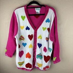Vintage Quacker Factory Pink Hearts Embellished Cardigan Sweater Valentines 1X